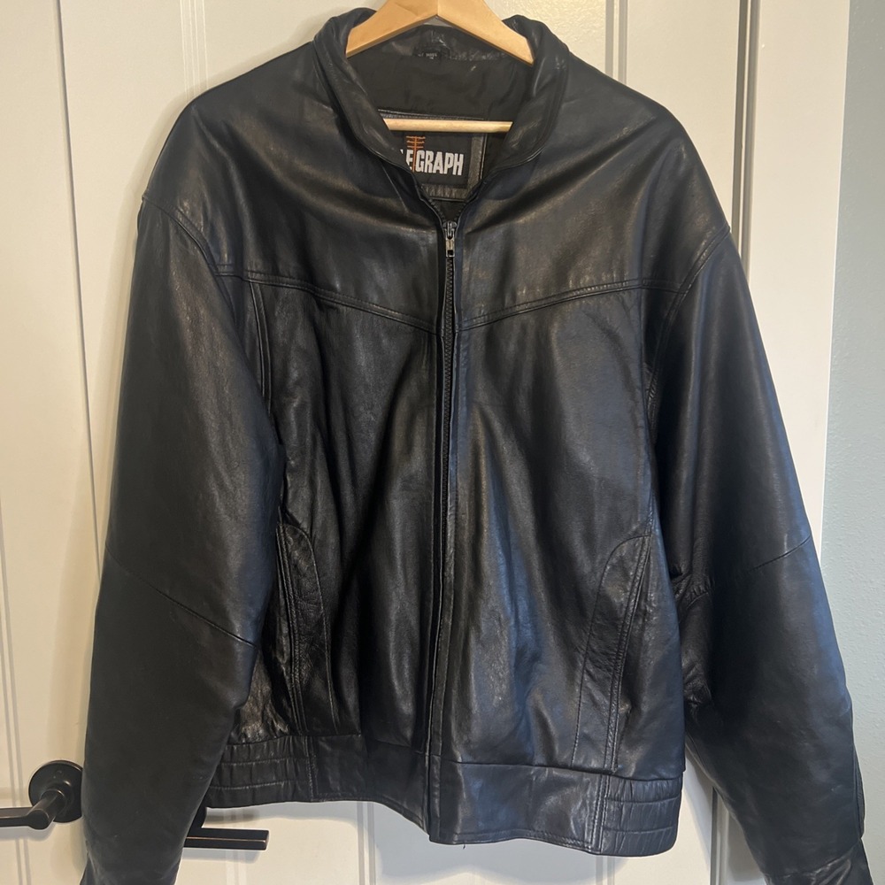 Vintage Telegraph Black Leather Jacket Men's Full‎ Zip Bomber Motorcycle Large